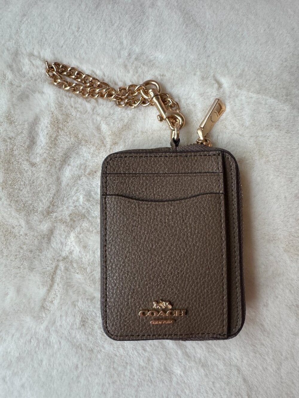 Coach C6303 Zip Card Case with Chain Wristlet ID Window Brown Gold EUC